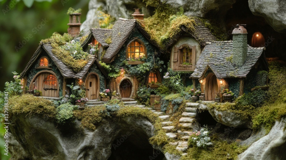 Enchanted Miniature Village nestled on Mossy Rock Enchanted Miniature Village nestled on Mossy Rock