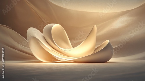 A highly detailed logo with elegant curves and sharp lines, illuminated with a soft light against a smooth surface