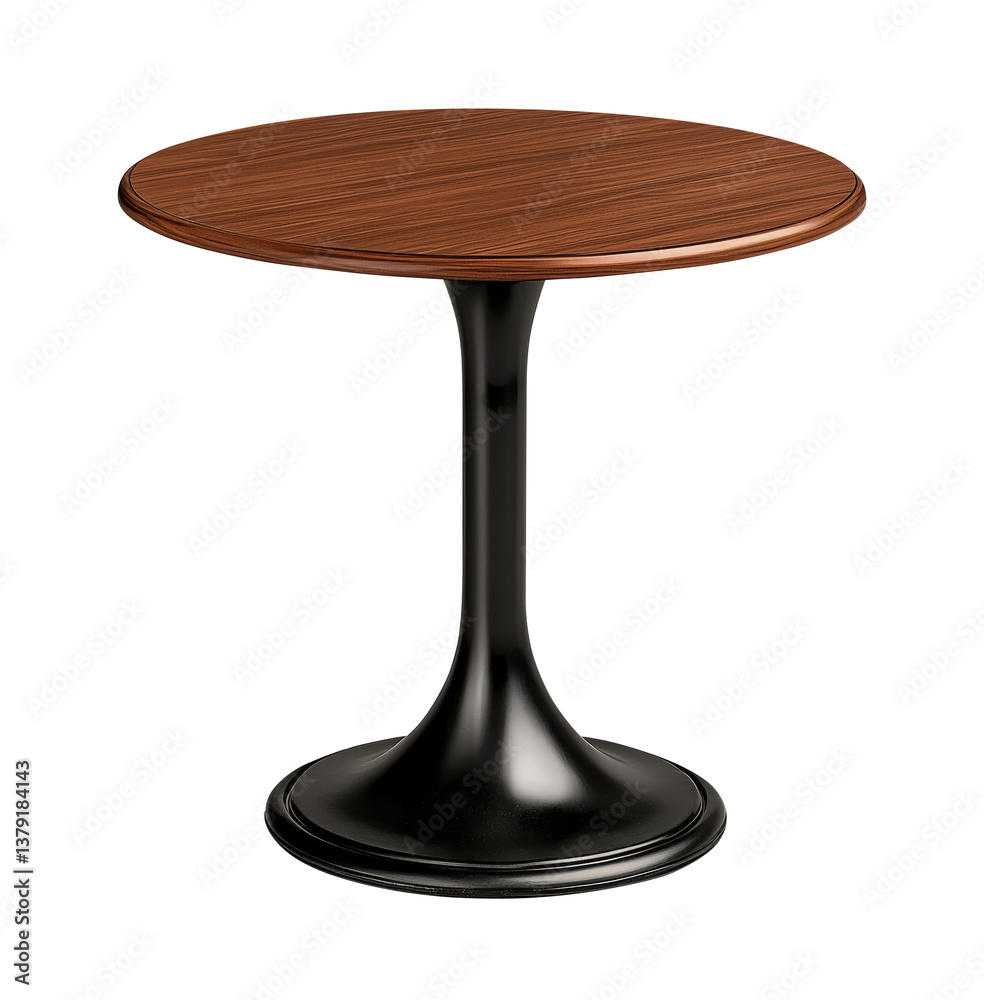 Elegant round table with wooden top and black base isolated on transparent background, png Elegant round table with wooden top and black base isolated on transparent background, png