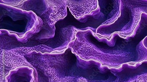 An abstract, wavy texture in shades of purple, resembling fluid or organic forms. The surface has a glossy finish with intricate patterns and highlights, creating a sense of depth and movement.
