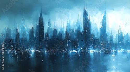 Futuristic Cityscape Reflection Night Digital Painting