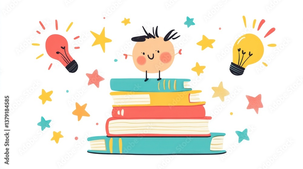 Naklejka premium Cute child on books with lightbulbs, education concept, vector illustration