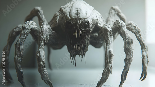 Sinister Spider Like Creature with Pale Gray Hue in Blurry Setting and Eerie Atmosphere with Pixelation Effect