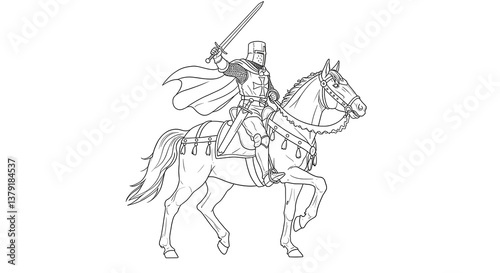 Medieval Knight on Horseback Line Art Illustration a valiant warrior astride his steed ready for battle