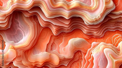 An abstract representation of layered waves in shades of orange, pink, and white, resembling flowing organic forms or geological formations. Mineral pattern texture macro background.
