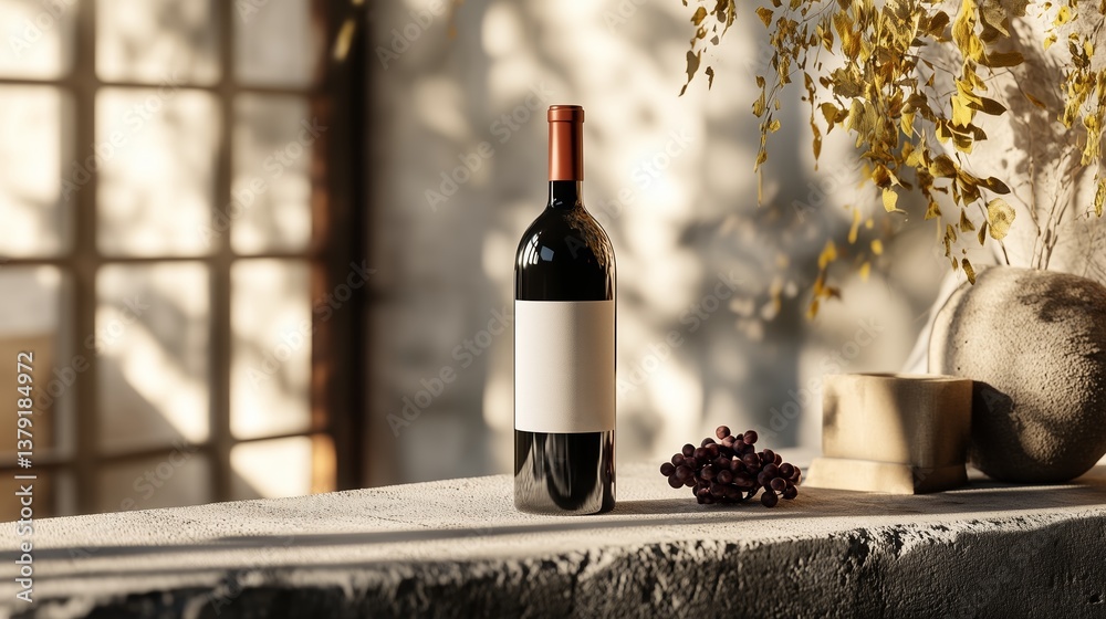 Fototapeta premium Elegant red wine bottle displayed in a cozy interior with soft shadows and rustic decor