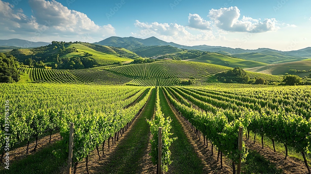 Fototapeta premium A breathtaking view of lush vineyards under a clear blue sky, nestled among rolling green hills, showcasing the beauty of nature and agriculture.