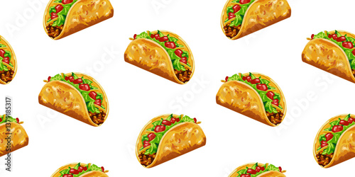 tacos mexican traditional food - isolated background - white seamless pattern - cinco de mayo design textile paper