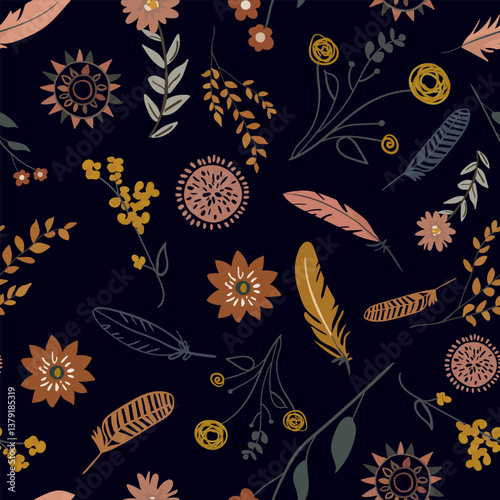 Wallpaper Mural Trendy boho seamless pattern with hand-drawn flowers, feathers, and branches in earthy tones on a dark background. Perfect for textiles, wallpapers, decor design Torontodigital.ca