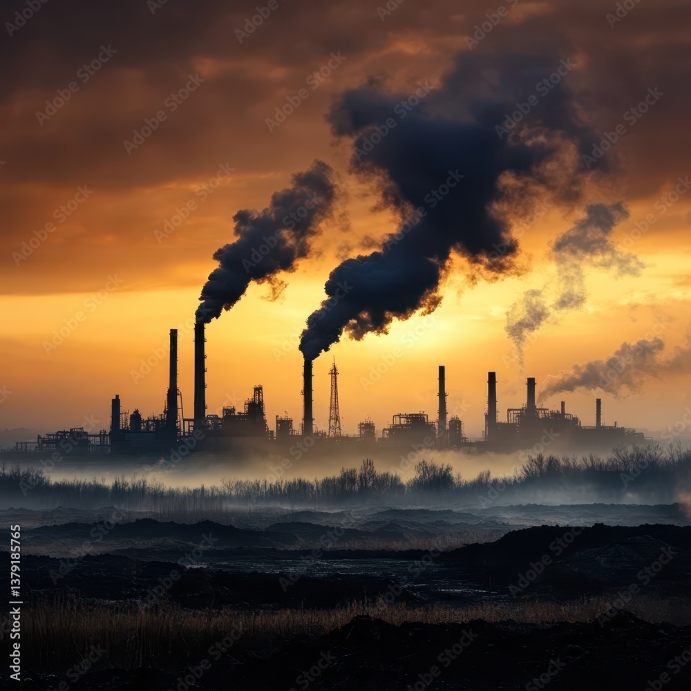 Obraz premium Factory pollution hazard carbon concept. A silhouette of industrial smokestacks exhaling dark smoke against a dramatic sunset, highlighting the impact of pollution on the environment.