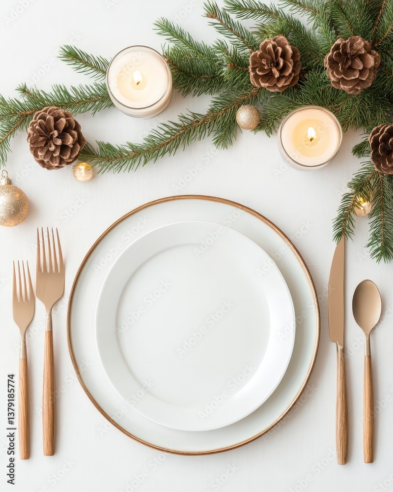 Elegant holiday table setting with white plate, silver cutlery, and festive decorations. Elegant holiday table setting with white plate, silver cutlery, and festive decorations.