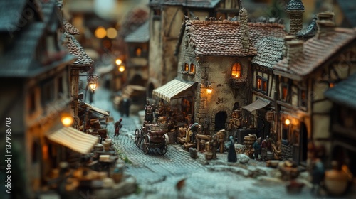 Medieval Village Model at Night with Warm Lighting