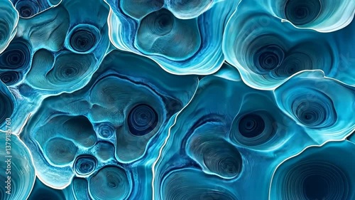 An abstract close-up of blue and turquoise organic shapes, resembling cellular structures or fluid patterns. The image features swirling lines and gradients, creating a sense of depth and movement.