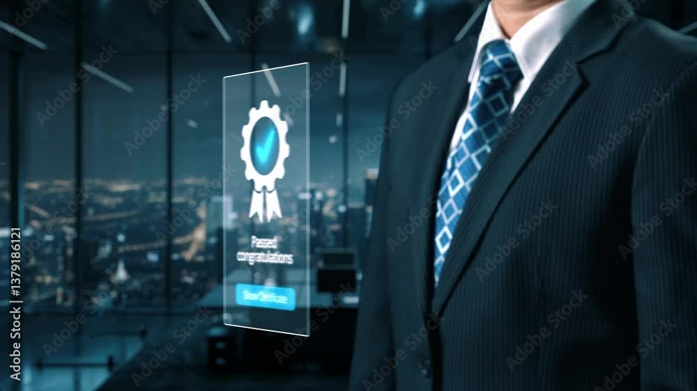 Business person secures product certification, marking a key achievement. Demonstrates commitment to quality and trustworthiness by having product certification passed. UUID