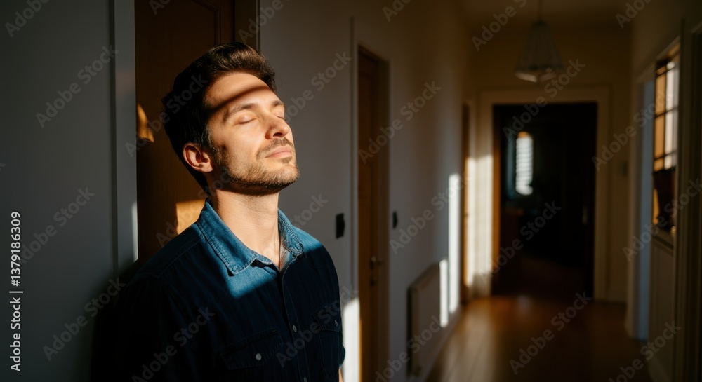Young caucasian male relaxing in sunlit hallway Young caucasian male relaxing in sunlit hallway