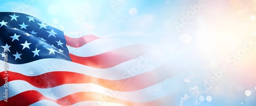 Stars and stripes wave proudly under a bright sky, celebrating national pride and unity in a vibrant display of colors and light
