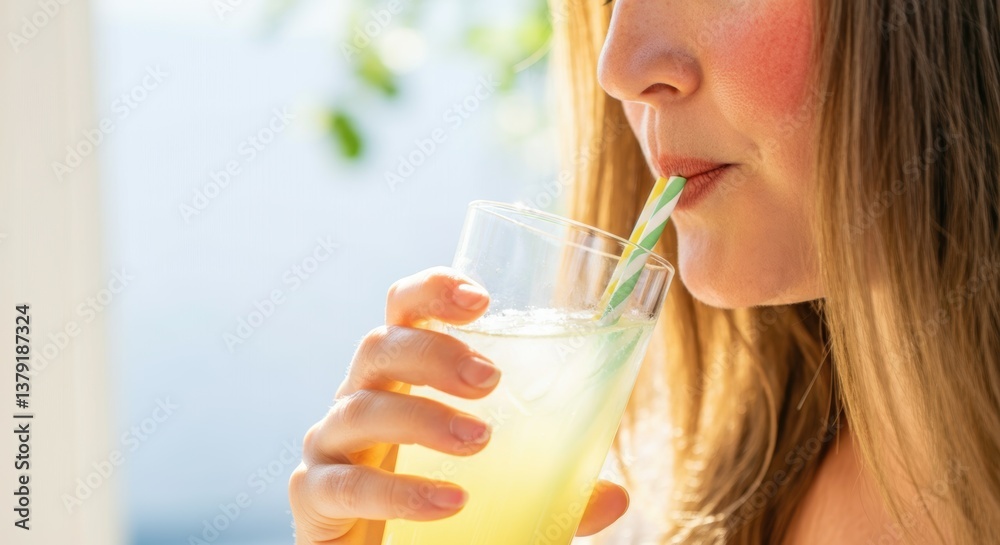 Young caucasian female enjoying refreshing lemonade in sunlit setting Young caucasian female enjoying refreshing lemonade in sunlit setting