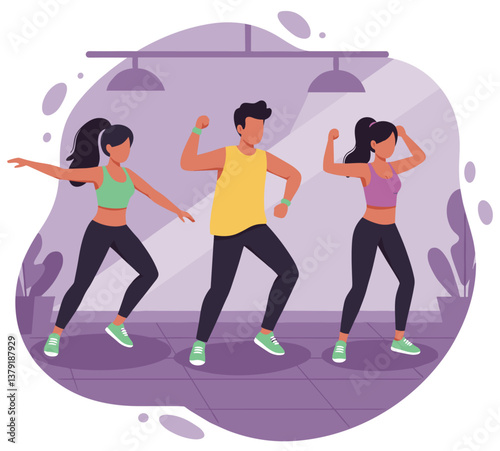 Man and two women dancing and exercising together. Colorful minimalist illustration