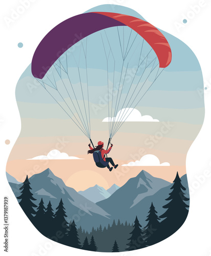 Woman in the mountains practicing paragliding. Colorful illustration vector