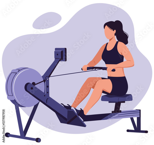 Woman using rowing machine. Minimalist colorful illustration