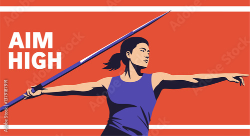 Aim High, Asian woman doing Javelin throw. Colorful vector banner