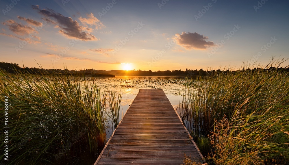 Fototapeta premium serene sunset over calm lake with wooden dock lily pads and tall grass ideal for tranquil nature scenes