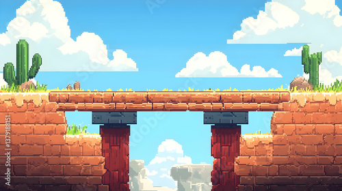 Tranquil Desert Landscape with Pixel Art Style Bridge with Cactus Under Blue Sky