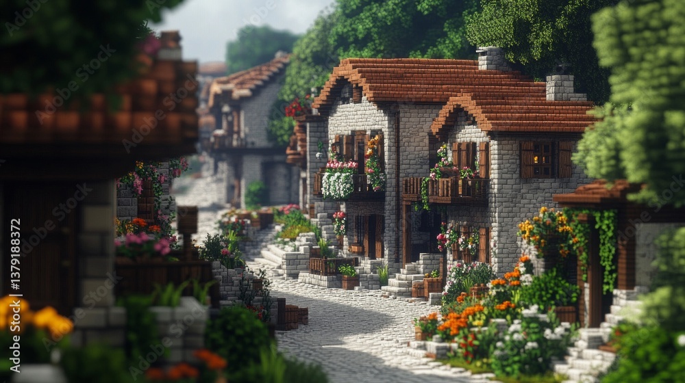 Fototapeta premium Picturesque Stone Village Street with Colorful Flowers