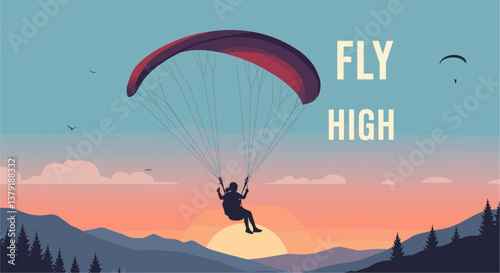 Fly high with woman silhouette doing paragliding at sunset among mountain view. Colorful illustration banner