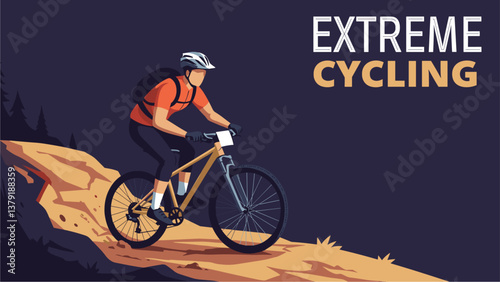 Extreme cycling doing mountain biking. Minimalist flat design vector banner