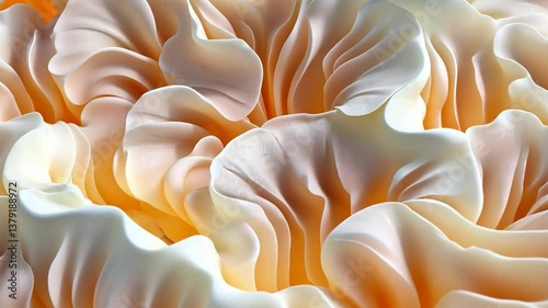 Close-up view of soft, flowing Tridacna petals in shades of cream and peach, creating a delicate and textured floral pattern. Mineral pattern macro background.