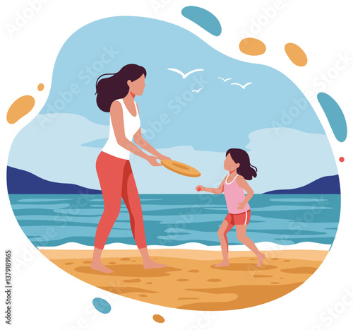 Woman and little daughter playing with frisbee at the beach. Colorful minimalist vector