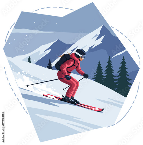 Woman skiing in the mountains snowy landscape. Colorful minimalist flat design illustration
