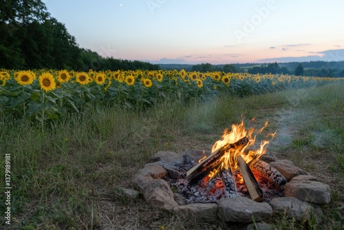 Fire in nature - burning glow, serene setting, vibrant flame, nighttime warmth, golden embers, tranquil scenery, rustic charm, flickering radiance, outdoor illumination, scenic brilliance.