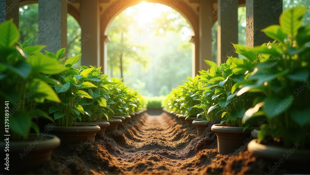 Obraz premium A fresh green plant emerging in the center of a field of young crops, bathed in sunlight, symbolizing growth, new beginnings, and the nurturing power of nature. Generative, AI,