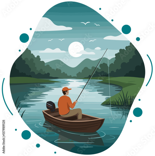 Man fishing alone by the lake on a boat among natural landscape mountains. Colorful minimalist illustration
