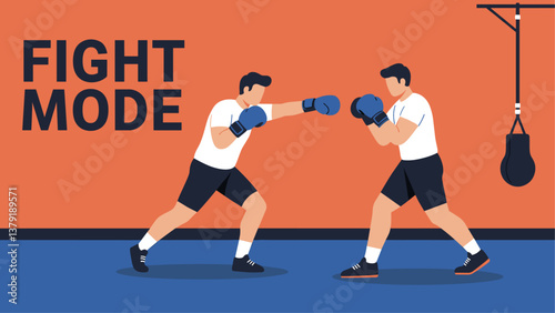 Fight mode with two men practicing boxing at the gym. Colorful flat design illustration banner