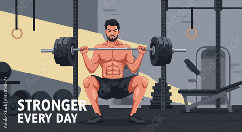 Man lifting weight at the gym. Stronger everyday conceptual illustration banner