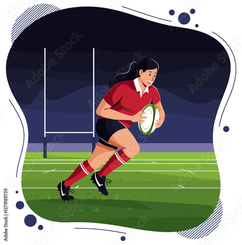 Professional rugby player woman running in the field. Minimalist cartoon illustration