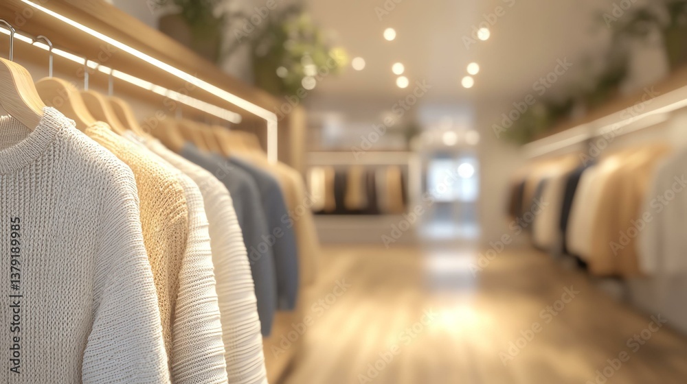 Fototapeta premium A modern clothing store interior with neatly arranged sweaters on hangers and warm lighting, creating a welcoming atmosphere for shoppers.