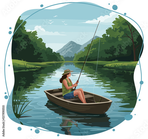Woman fishing alone by the lake on a boat among natural landscape mountains. Colorful minimalist illustration