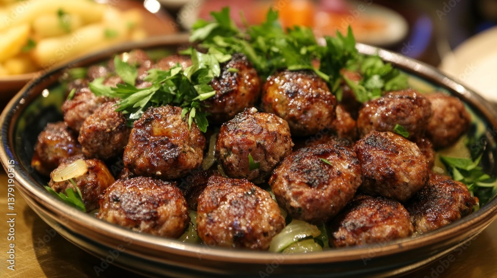 Close Up of Brown Meatballs with Parsley Garnish on a Rustic Plate Close Up of Brown Meatballs with Parsley Garnish on a Rustic Plate