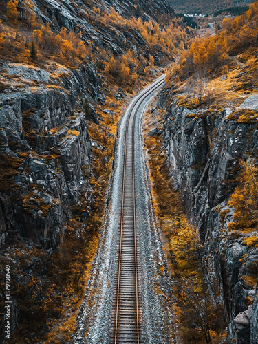 Aerial drone view of a railway cutting through a mountain pass
