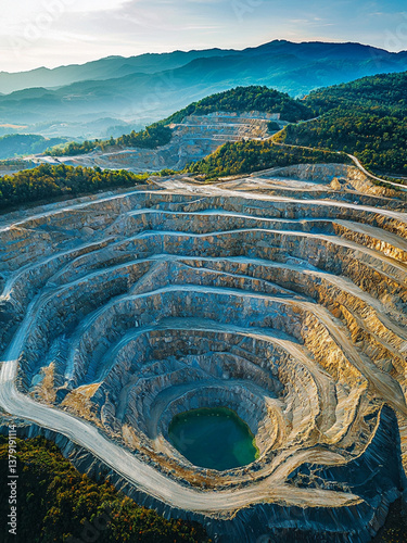 Aerial drone view of a vast open-pit mine with terraced levels