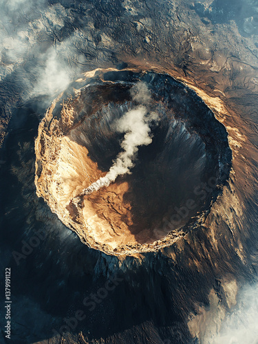Aerial drone view of a volcanic crater with steam rising