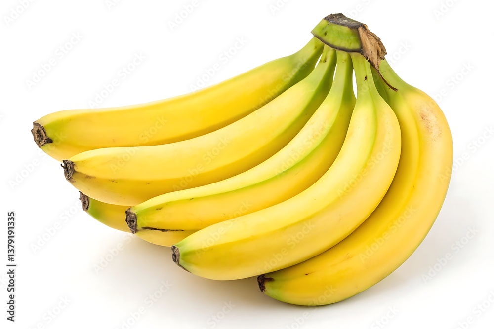 A bunch of ripe yellow bananas clustered together on a plain white background A bunch of ripe yellow bananas clustered together on a plain white background