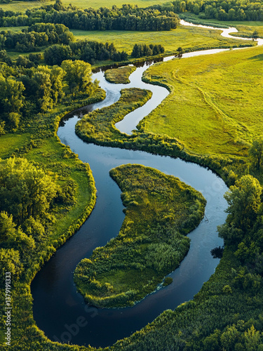 Aerial drone view of a winding river forming oxbow lakes