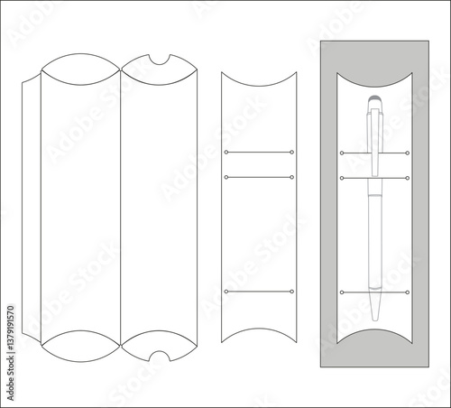 Vector die-cut template of custom-shaped individual packaging for pens, pencils, markers, and more. Black and white drawing.