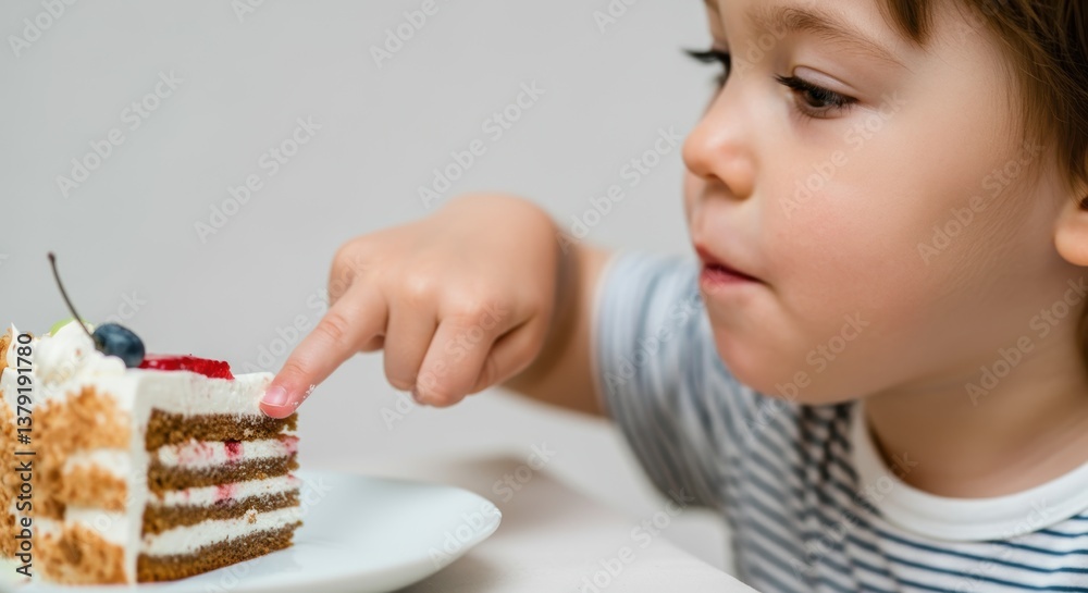 Curious caucasian child enjoying cake with whipped cream and berries Curious caucasian child enjoying cake with whipped cream and berries