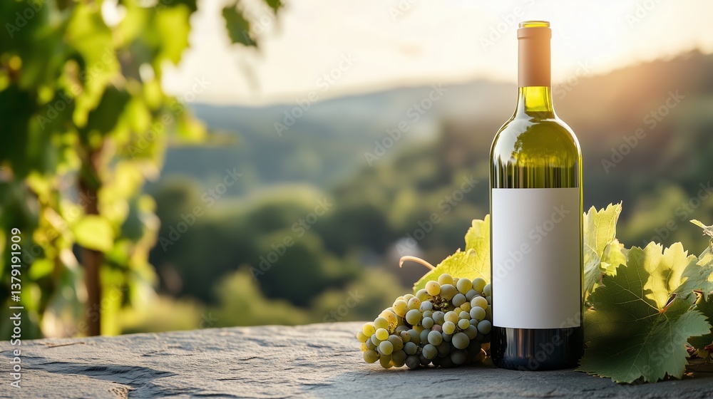 Fototapeta premium Elegant wine bottle with fresh grapes in a vineyard landscape during golden hour